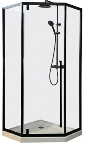 Przejdź do produktu KABINA PRYSZNICOWA 90x90cm PIĘCIOKĄTNA CZARNA LOFT + BRODZIK 5cm + SYFON