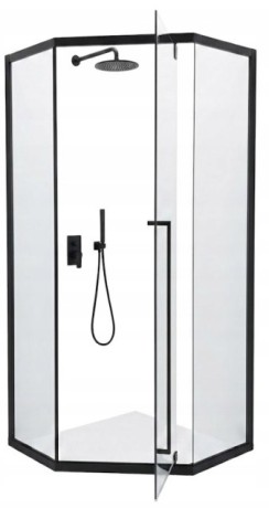 Przejdź do produktu KABINA PRYSZNICOWA 90x90cm CZARNA DRZWI UCHYLNE PIĘCIOKĄTNA GRUBE SZKŁO