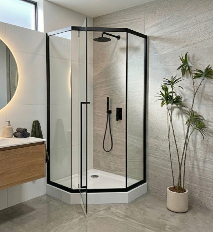 Przejdź do produktu KABINA PRYSZNICOWA 90x90cm CZARNA LOFT PIĘCIOKĄTNA + BRODZIK 14cm + SYFON