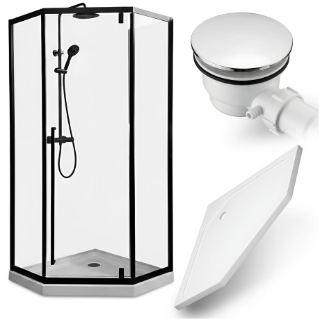 Przejdź do produktu KABINA PRYSZNICOWA 80x80 cm CZARNA LOFT PIĘCIOKĄTNA Z BRODZIKIEM 5CM +SYFON