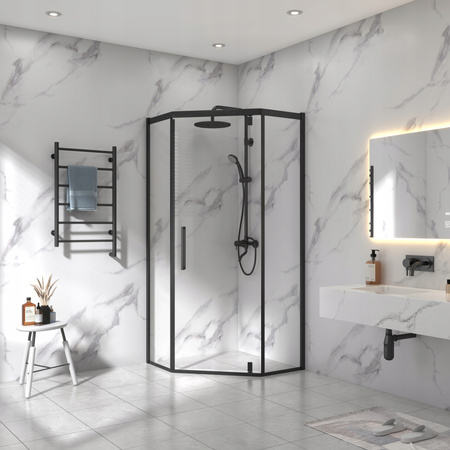Kabina prysznicowa pięciokątna czarna LOFT BLACK 90 x 90 + brodzik biały slim 5 cm + syfon