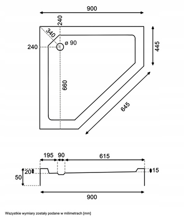 Kabina prysznicowa pięciokątna czarna LOFT BLACK 90 x 90 + brodzik biały slim 5 cm + syfon