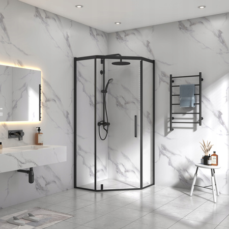 Kabina prysznicowa pięciokątna czarna LOFT BLACK 90 x 90 + brodzik biały slim 5 cm + syfon