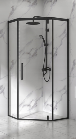 Kabina prysznicowa pięciokątna czarna LOFT BLACK 90 x 90 + brodzik biały slim 5 cm + syfon